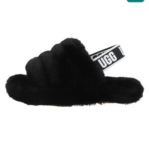 UGG Black Fluffy Slide with Logo Strap